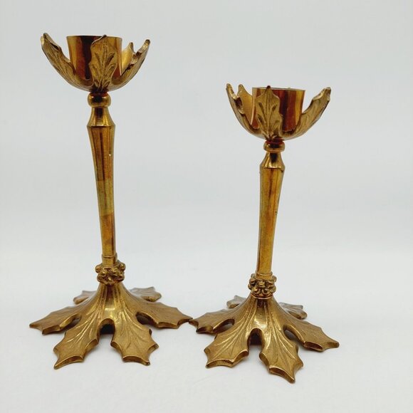Brass Candlesticks Leaf Base 5.5" & 6 in Set Of 2 Two Sizes - Picture 8 of 8